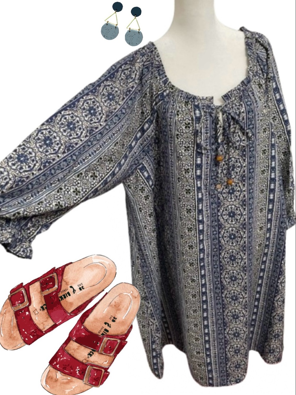 EC Naïf Blue and White Boho Printed Tunic Dress Plus Size 3X